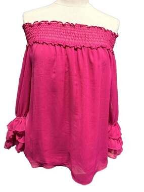 CeCe Off-the-Shoulder Smocked Tiered Ruffle Sleeve Blouse Pink Size XS